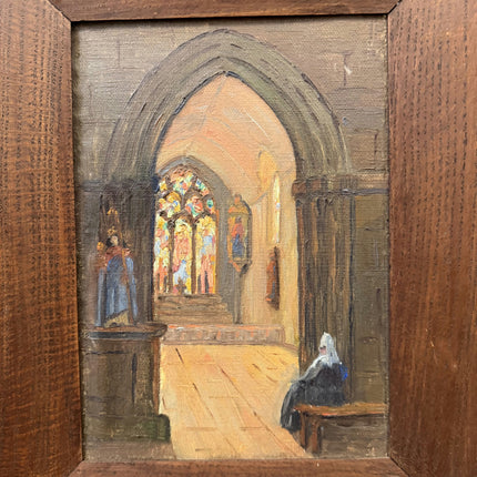 Rustic Church Interior Oil Painting "Seated Nun" Handcrafted Small Art Holland Art Shop