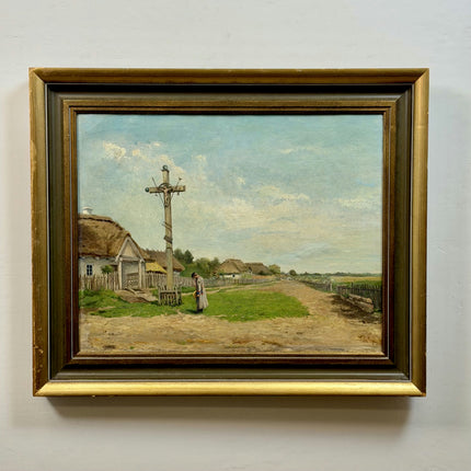 1894 Antique Landscape Oil Painting "Village Cross" Large Art Holland Art Shop