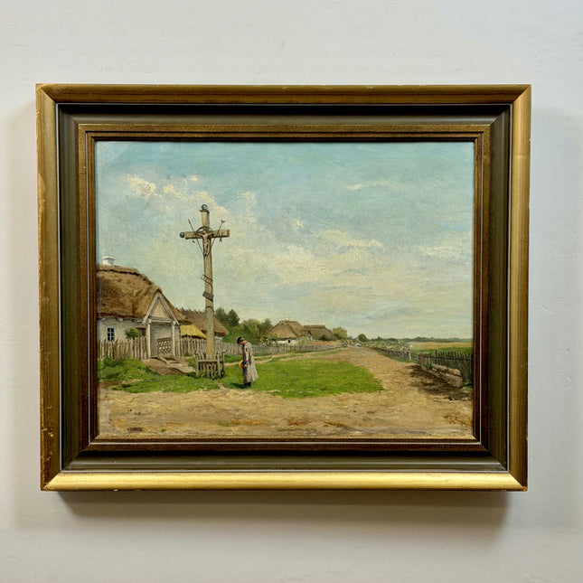 1894 Antique Landscape Oil Painting "Village Cross" Large Art Holland Art Shop