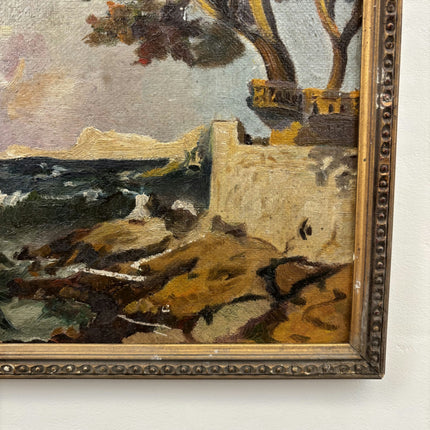 19th Century Antique Seascape Oil Painting "Coastal Cliff" Small Artwork Holland Art Shop