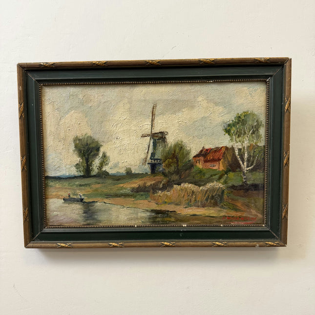 19th Century Antique Landscape Oil Painting "Canal Windmill" Small Artwork Holland Art Shop