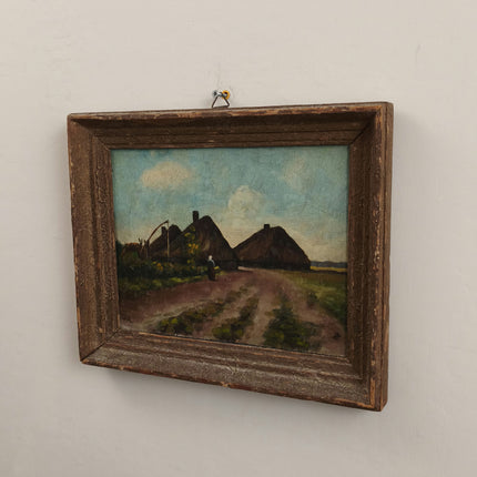 Handcrafted Landscape Oil Painting "Thatched Cottages" Vintage Small Art Holland Art Shop