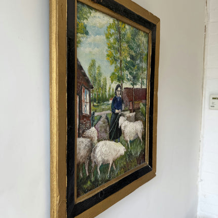 Vintage Farm Oil Painting "Woman Shepherdess" Detailed Artwork Holland Art Shop