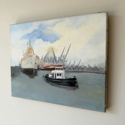 Handcrafted Seascape Oil Painting "Harbor Boats" Rustic Small Artwork Holland Art Shop