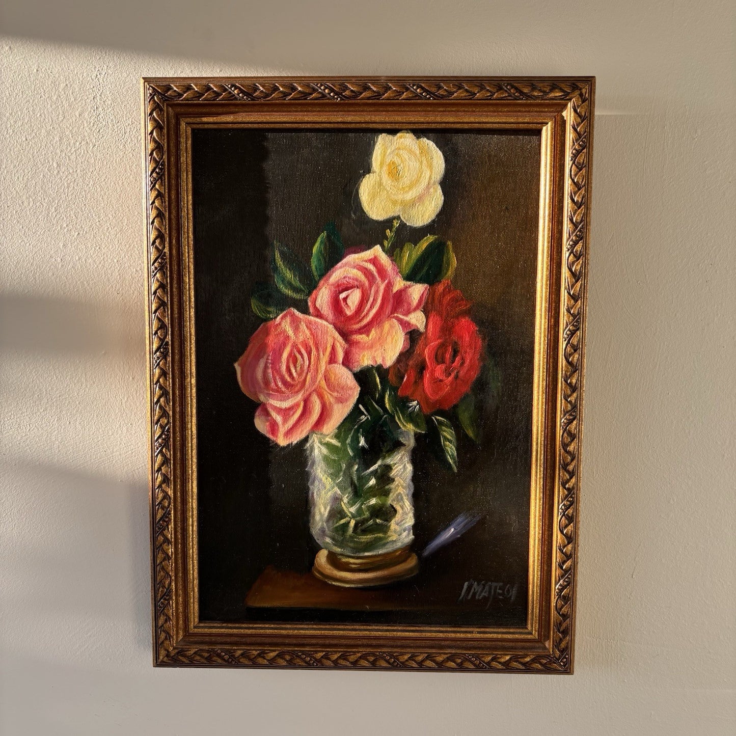 "Pink Flowers" Vintage Dutch Classic Floral Still Life Oil Painting Signed