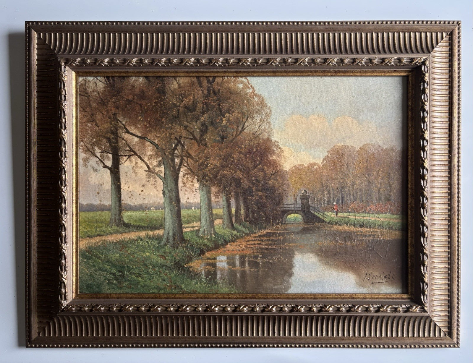 19th Century Dutch Landscape Oil Painting Bridge Trees Signed Original