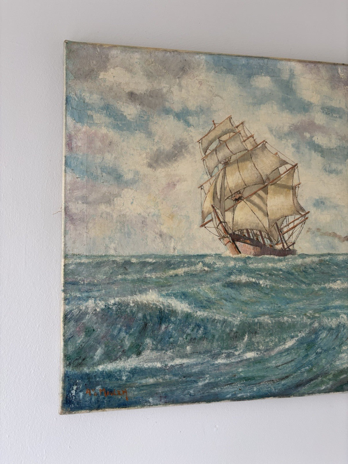 “SAILING THE WAVES” Vintage Oil Painting Seascape Ship Ocean Artwork
