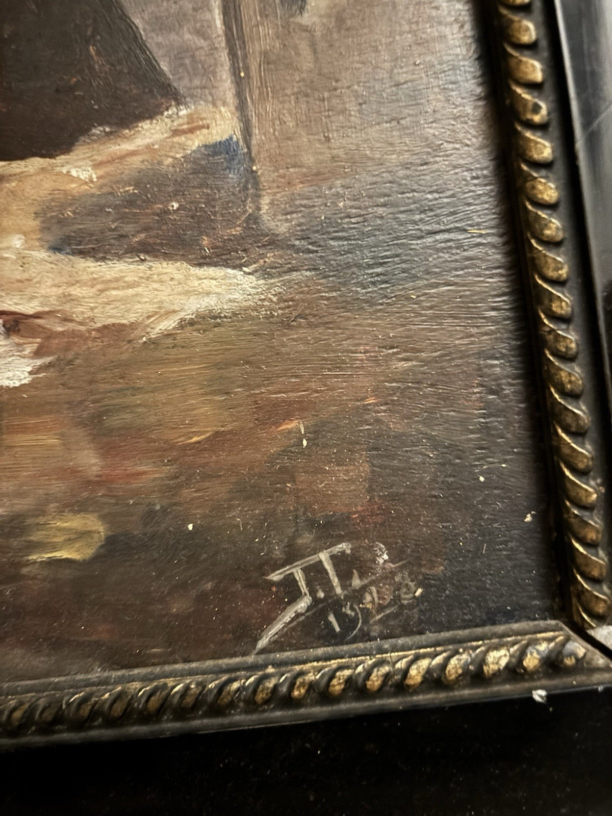 Dutch Antique Oil Painting Windmill Landscape Scene with Farmhouses Framed