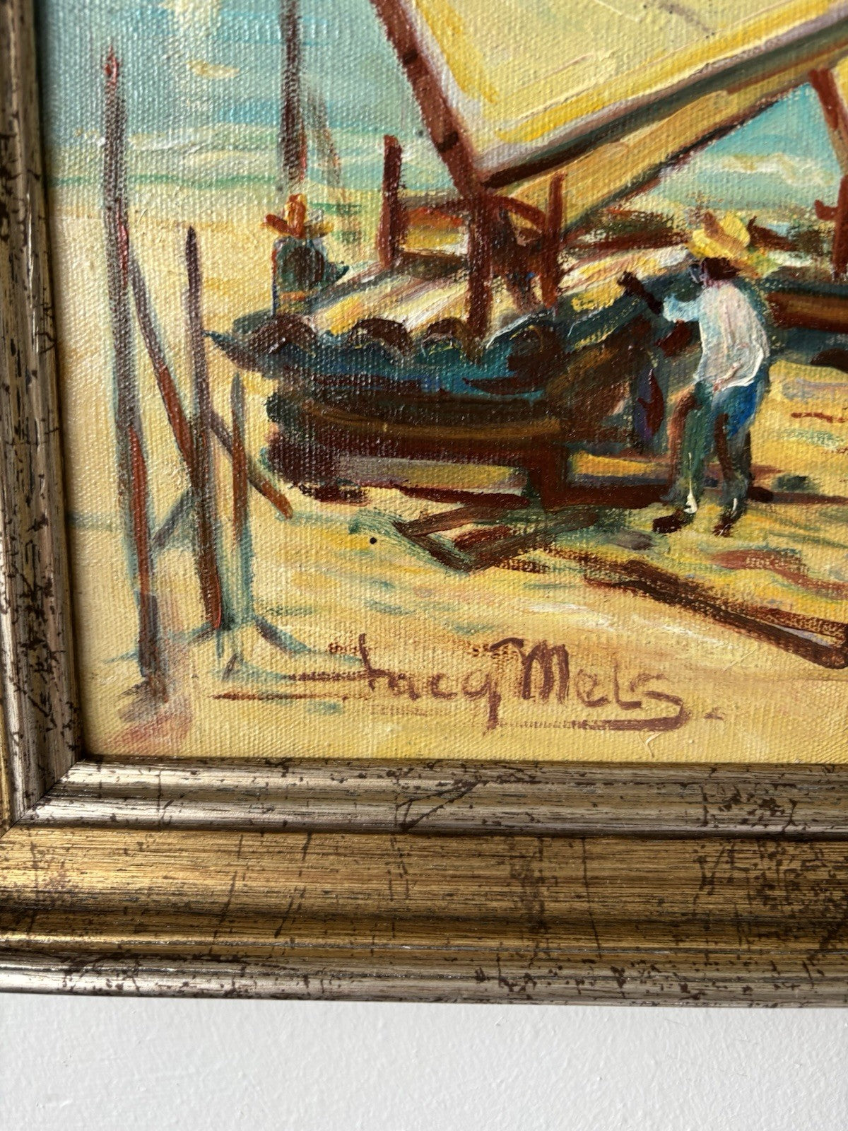 Brazil Art “SAILBOATS TROPICAL SEASIDE” Oil Painting Coastal Figures Palm Tree