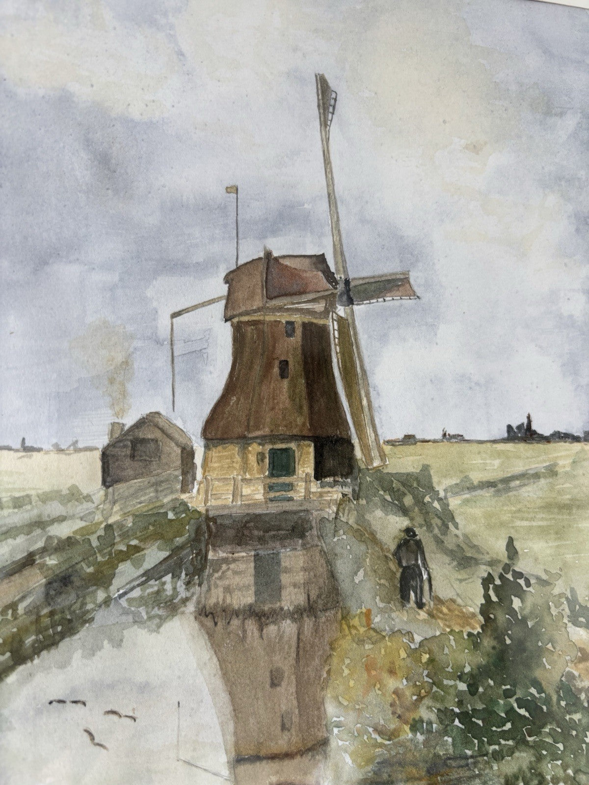 Aquarel Dutch Windmill Hand Made Glass Covered Art Holland Vintage OOAK item
