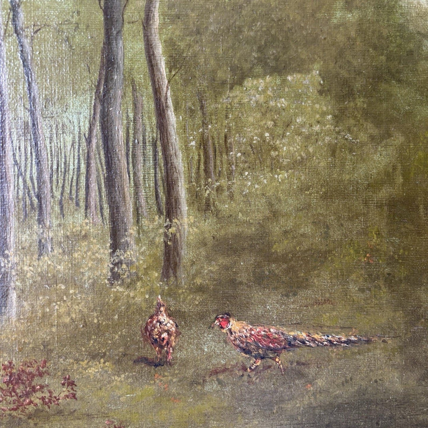 “Forest Stream with Pheansants” – Vintage Woodland Landscape – Framed Painting