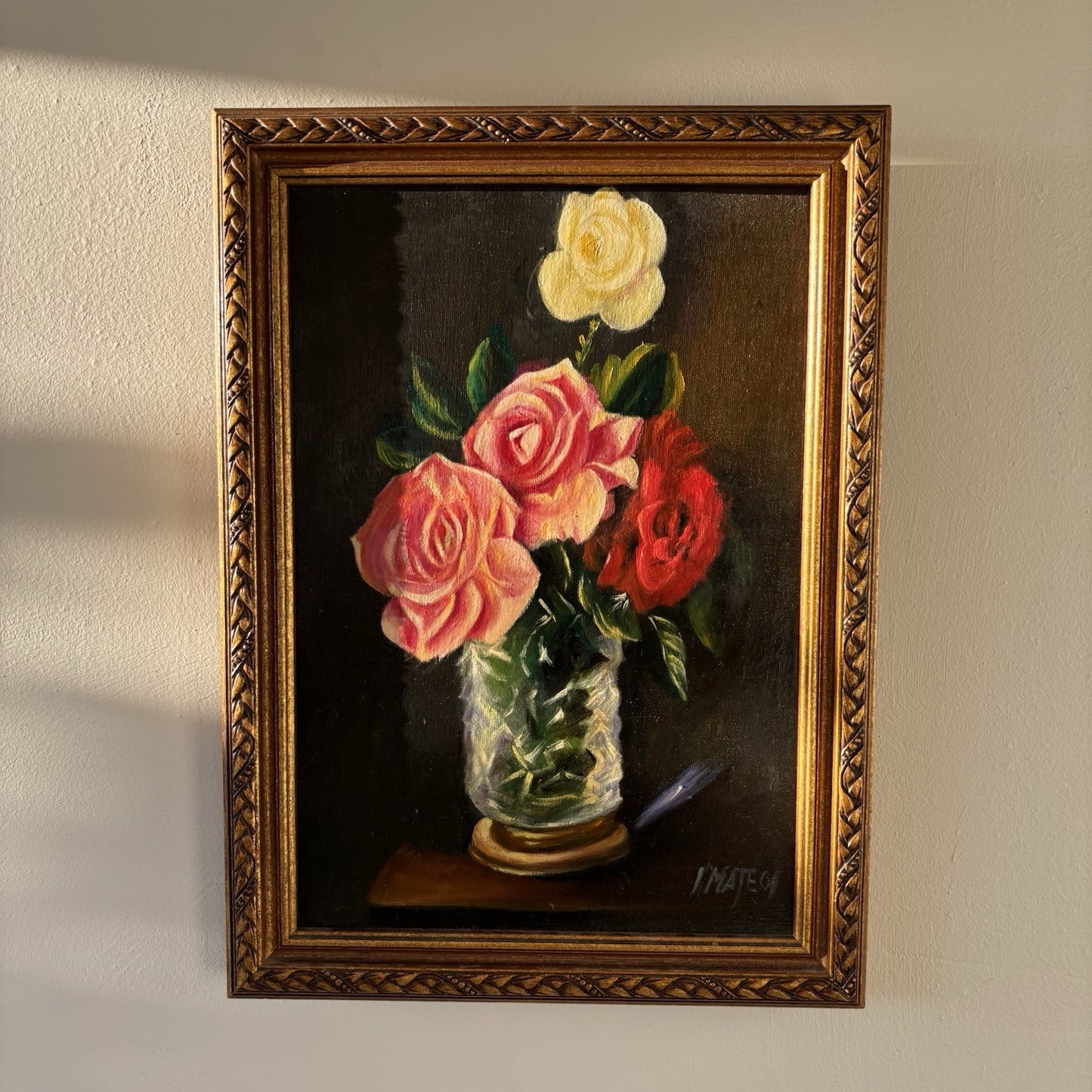 "Pink Flowers" Vintage Dutch Classic Floral Still Life Oil Painting Signed