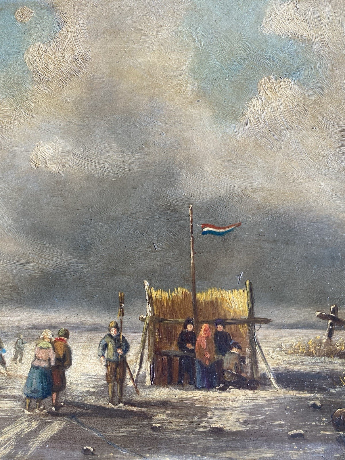 Dutch Artwork  Ice Skaters on Lake Cloudy Winter Landscape Windmill T.E DE BOCK