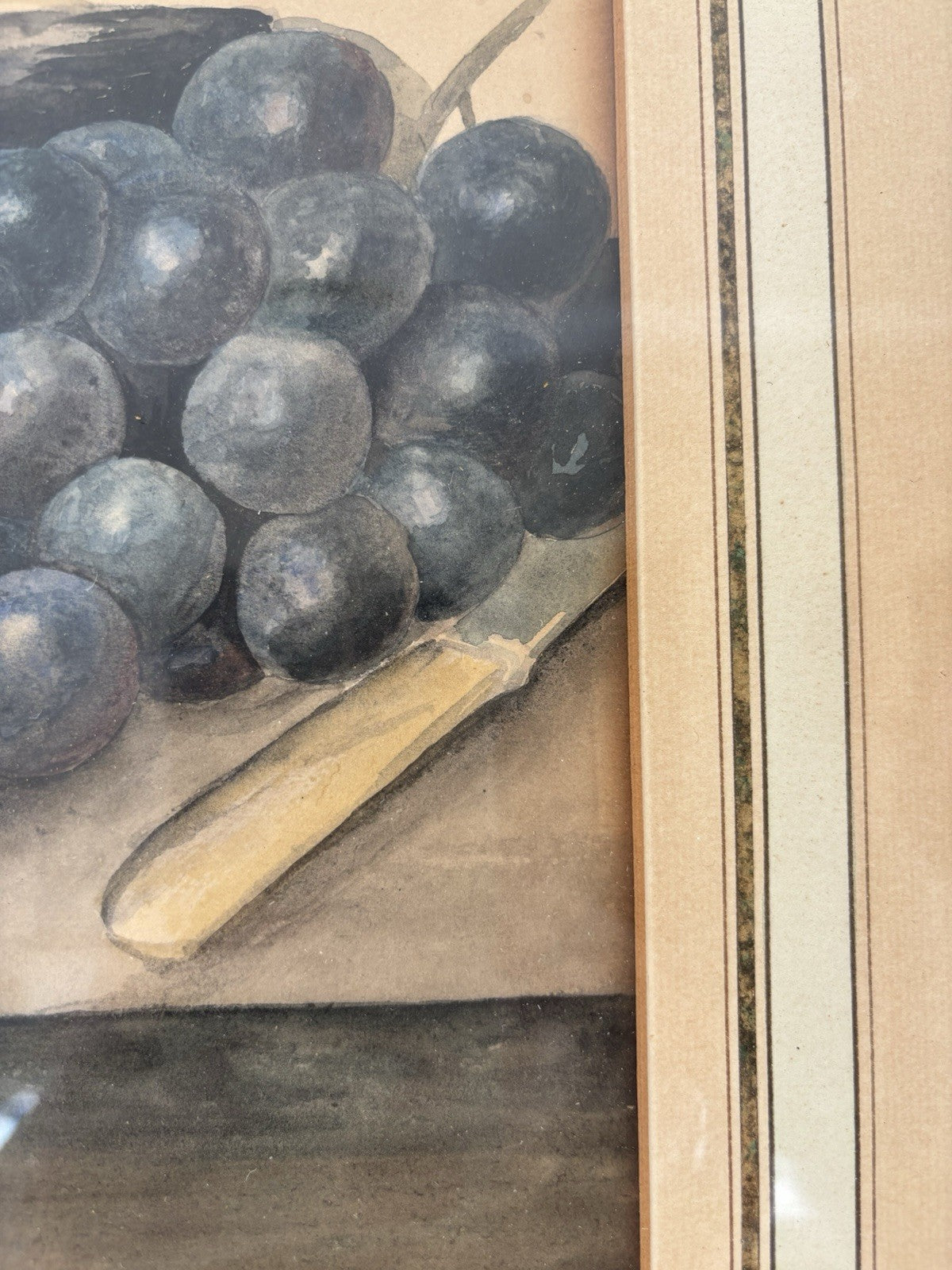 “FRUIT AND GRAPES” Vintage Hand-Painted Still Life Framed Art Drawing Art