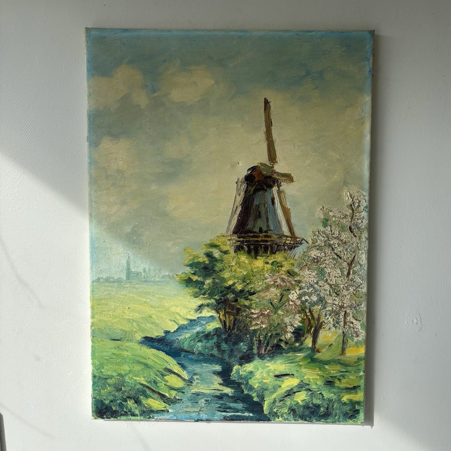 Original Windmill Hand Painted Canvas Oil Painting made in 1966
