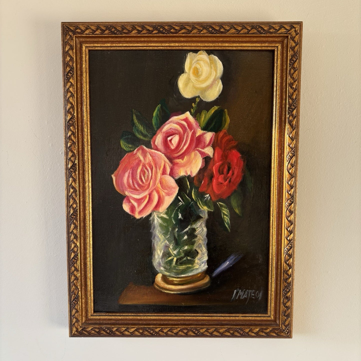"Pink Flowers" Vintage Dutch Classic Floral Still Life Oil Painting Signed