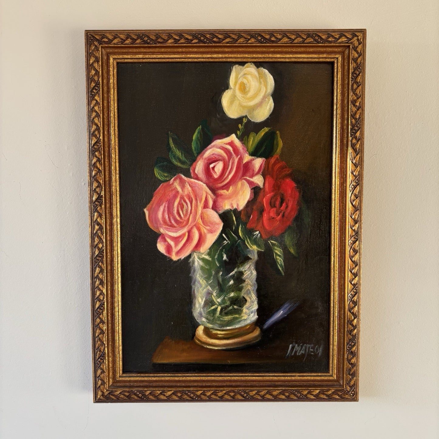 "Pink Flowers" Vintage Dutch Classic Floral Still Life Oil Painting Signed