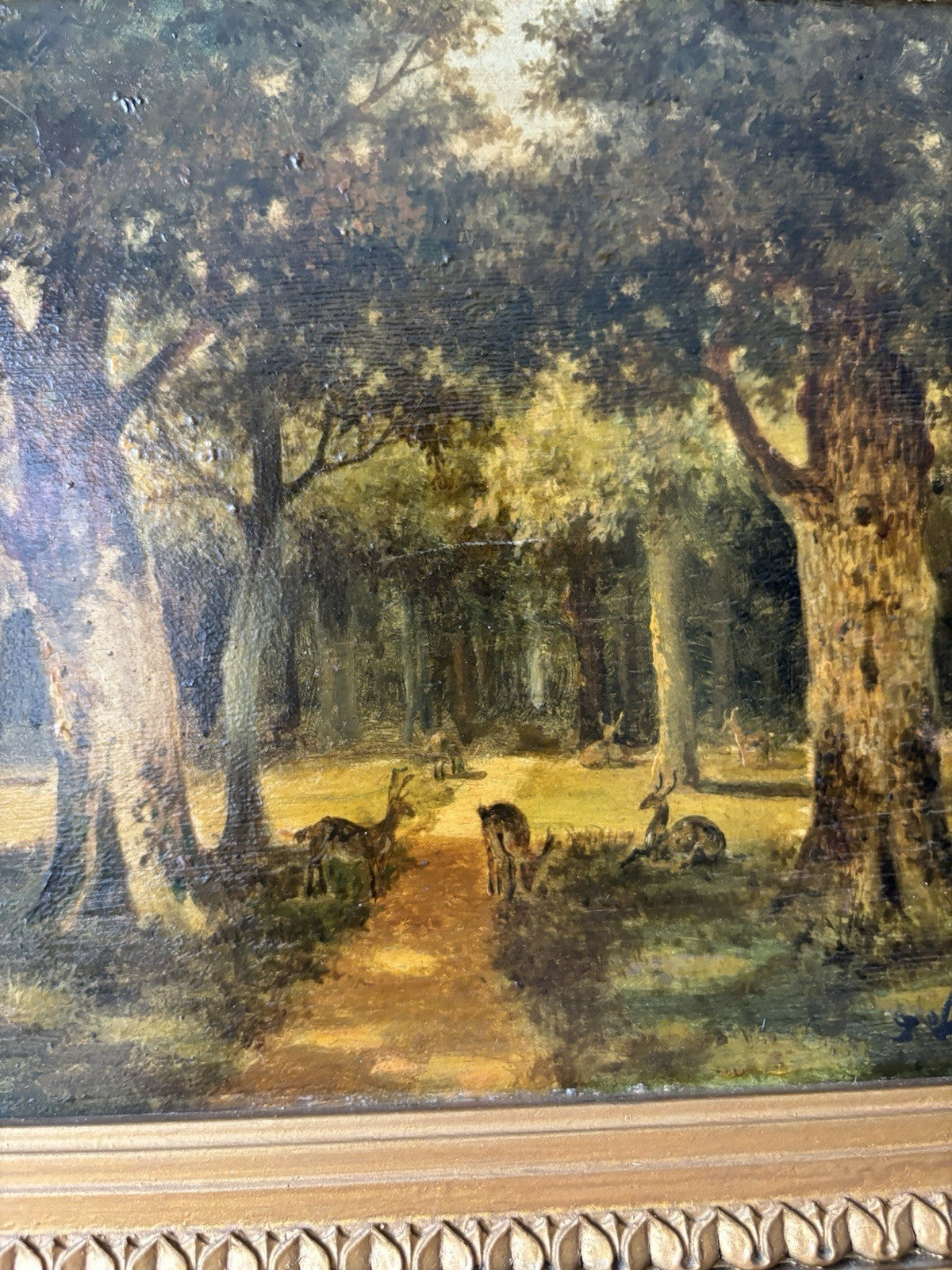 Antique “DEER IN FOREST” Oil Painting Dutch Forest Animals Medium 19th Century
