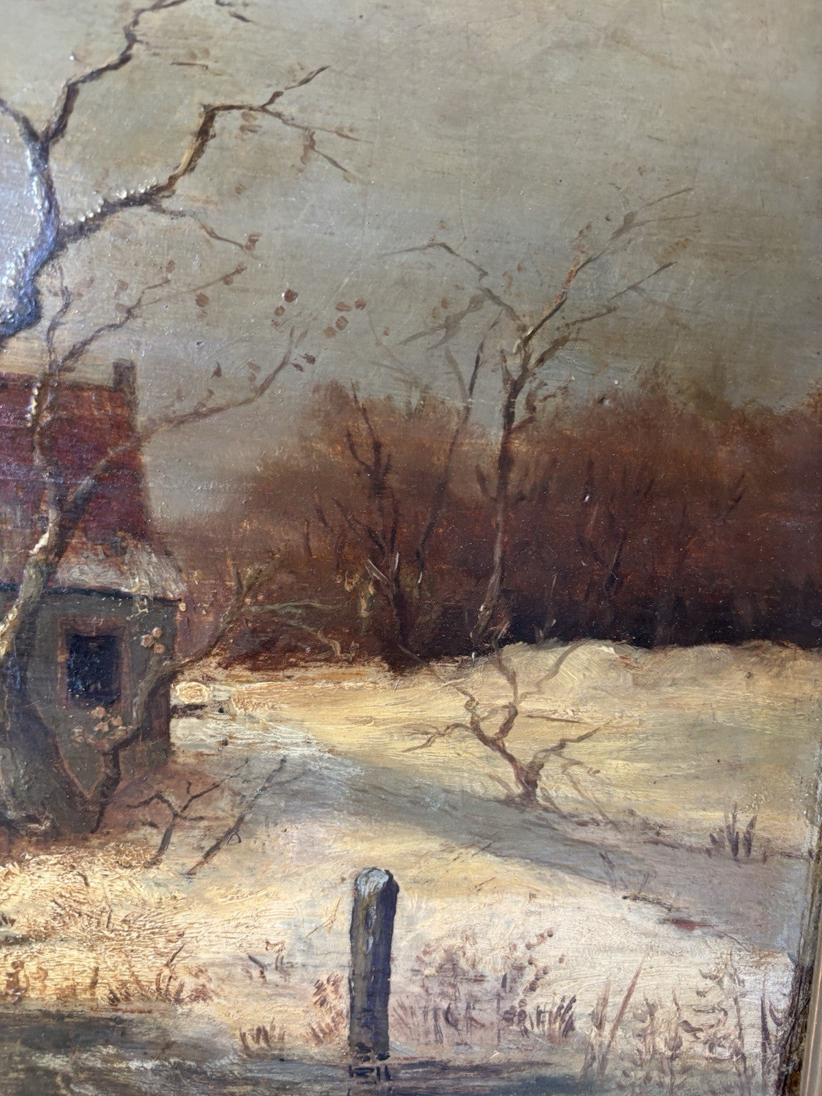Antique “WINTER LANDSCAPE WITH WINDMILL Oil Painting Figure Skating 19th Century