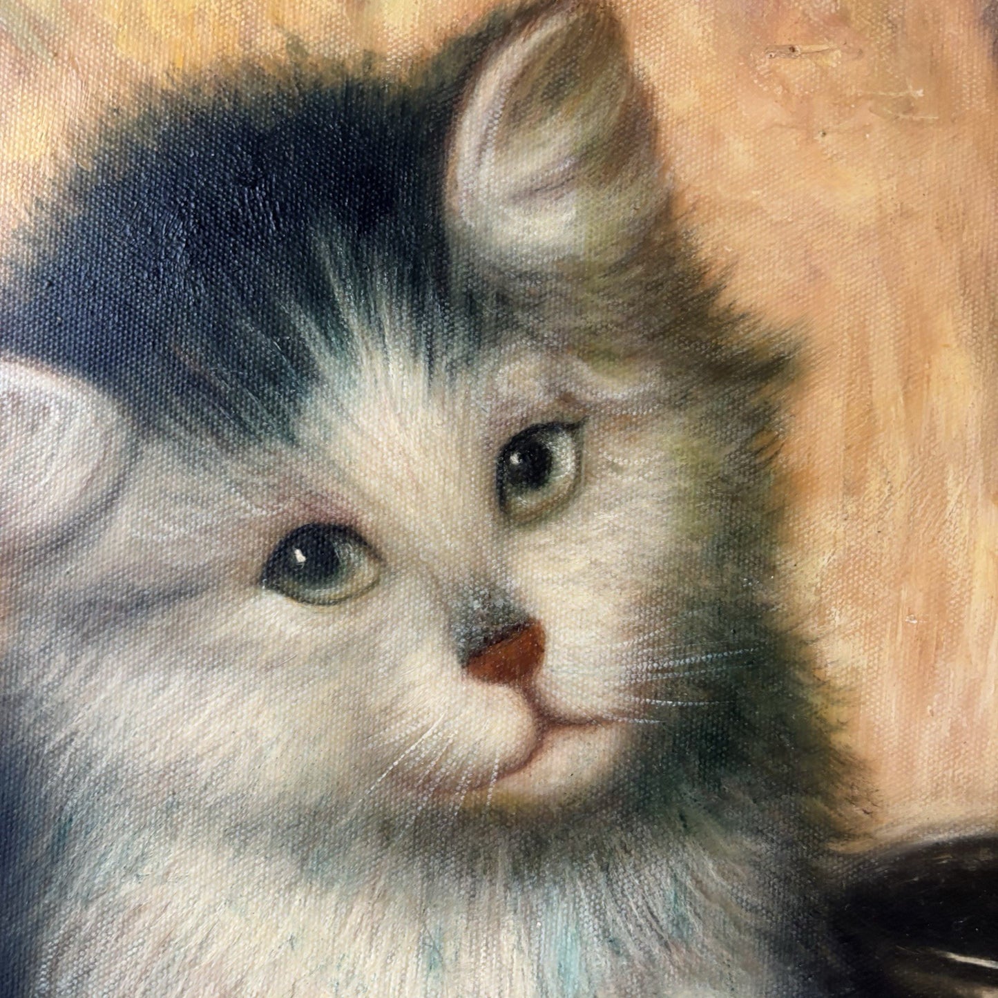 “Vintage Kitten with Red Yarn” – Framed Oil Painting on Canvas – Signed