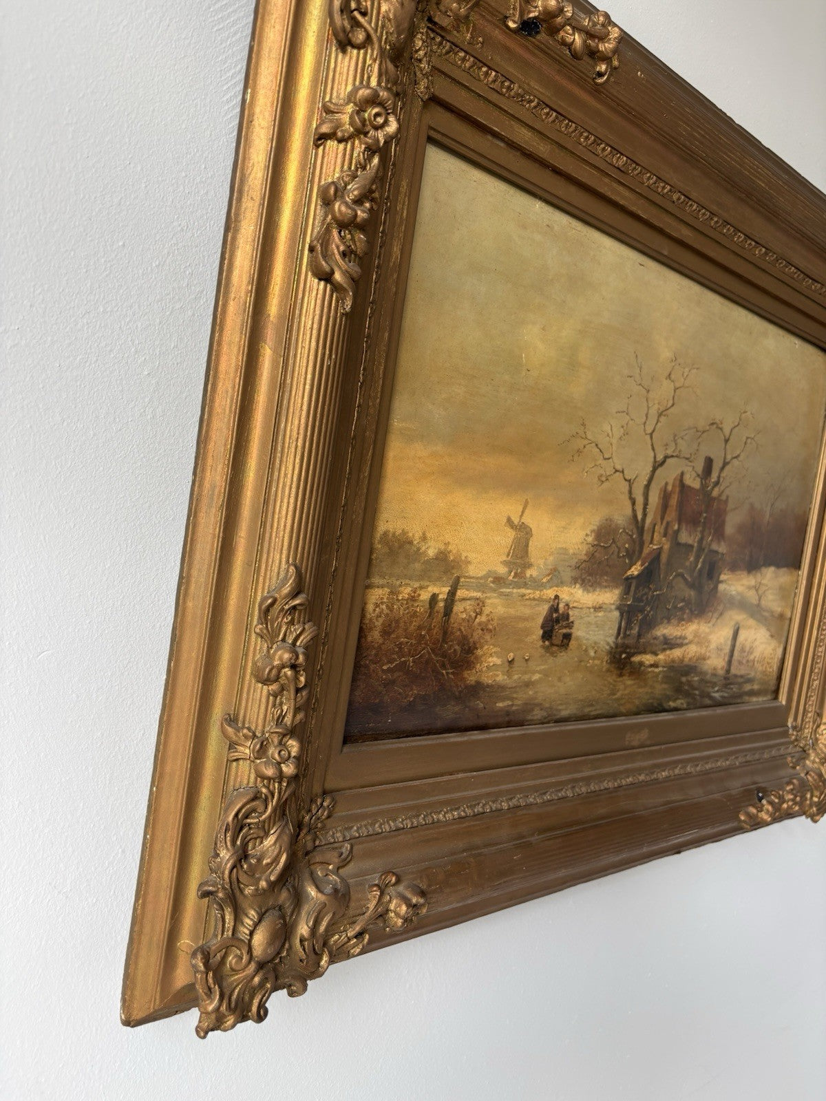 Antique “WINTER LANDSCAPE WITH WINDMILL Oil Painting Figure Skating 19th Century