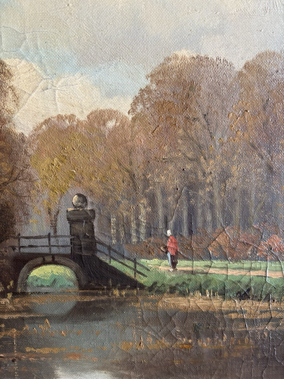 19th Century Dutch Landscape Oil Painting Bridge Trees Signed Original