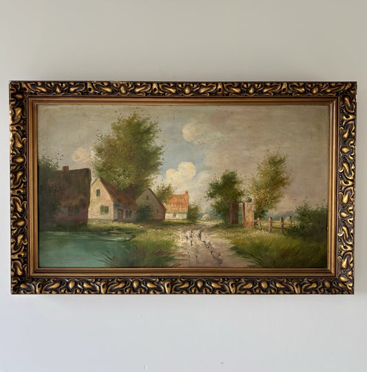 Antique “RIVERSIDE VILLAGE” Oil Painting Landscape Tree houses 20th Century