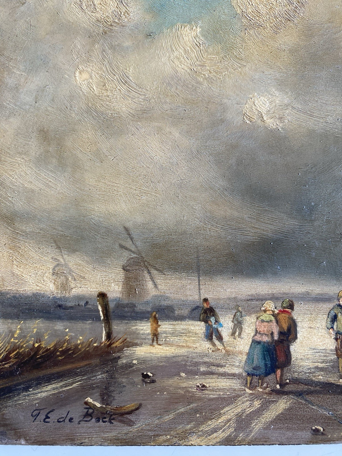 Dutch Artwork  Ice Skaters on Lake Cloudy Winter Landscape Windmill T.E DE BOCK