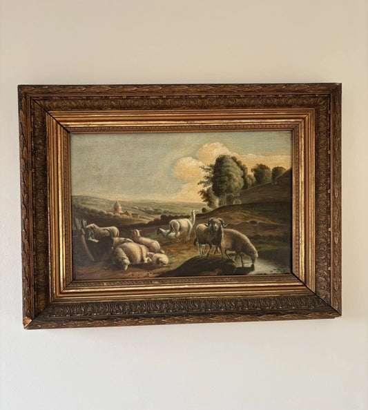 Beautiful 19th Century “SHEPHERD’S VIEW” antique landscape oil painting pastoral