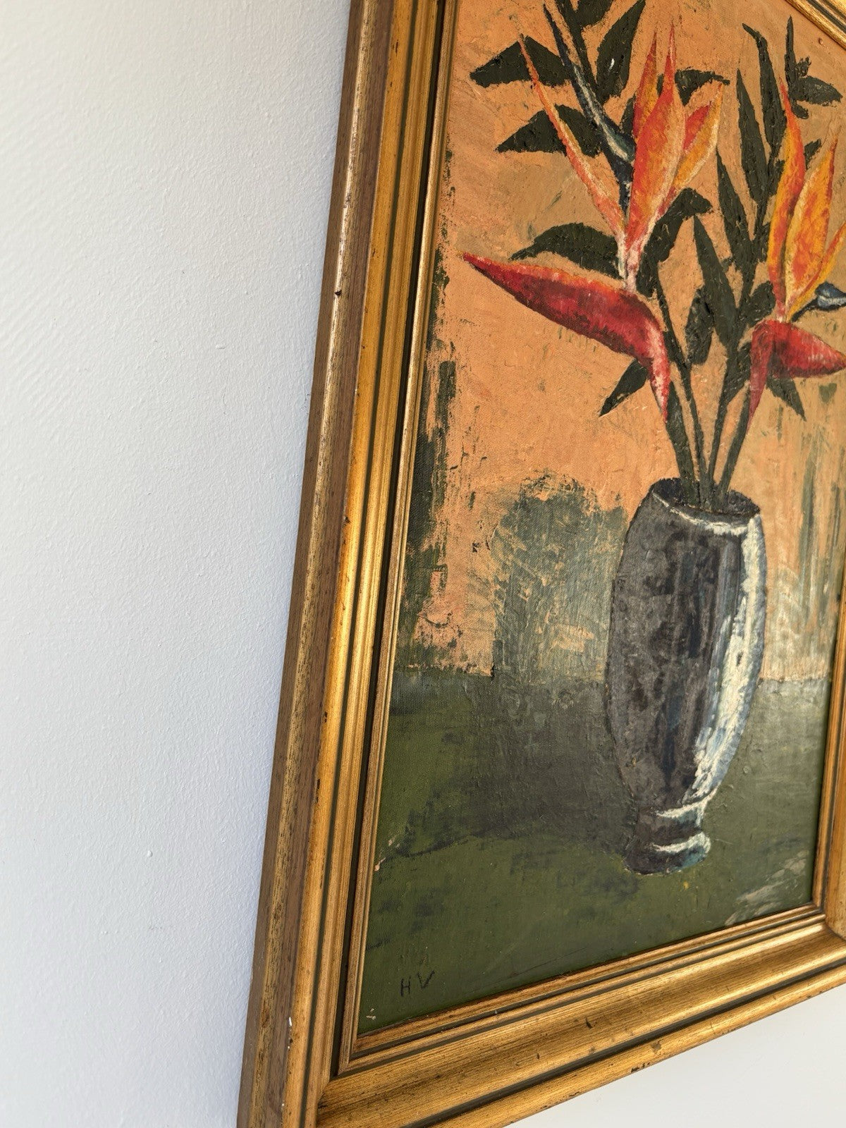 Vintage Flower Tree Still Life floral Oil Painting Flowers in Vase Mid 20th C