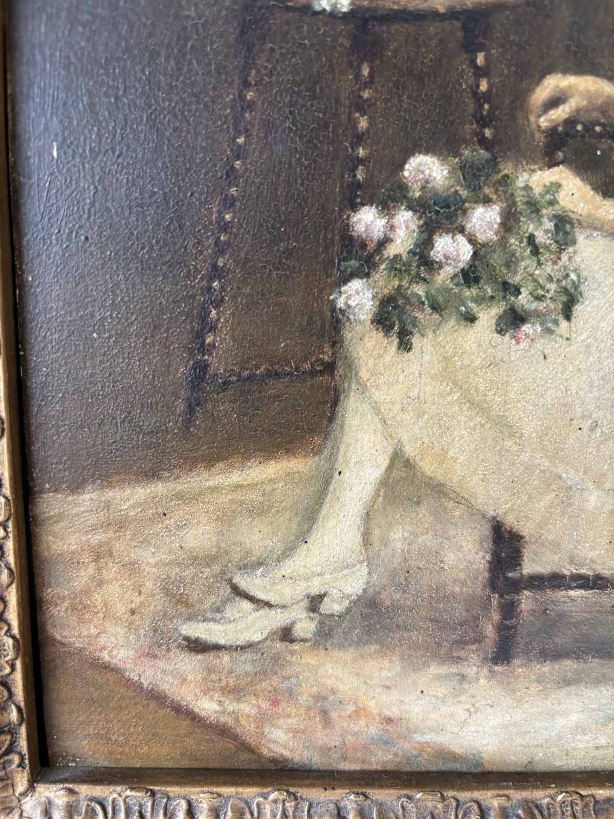 19th Century “LADY WITH FLOWERS” Antique Oil Painting Romantic Portraiture Women