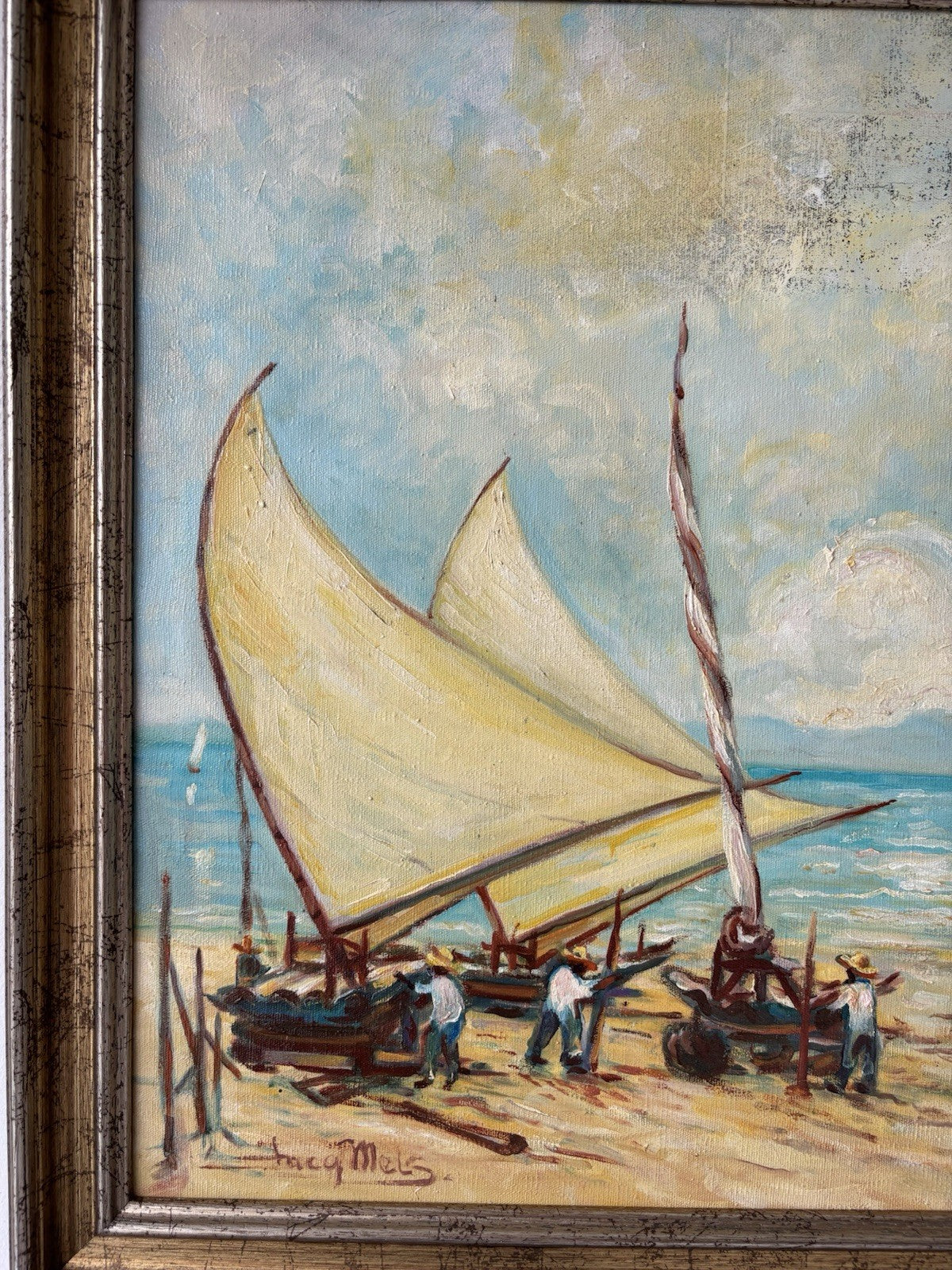 Brazil Art “SAILBOATS TROPICAL SEASIDE” Oil Painting Coastal Figures Palm Tree