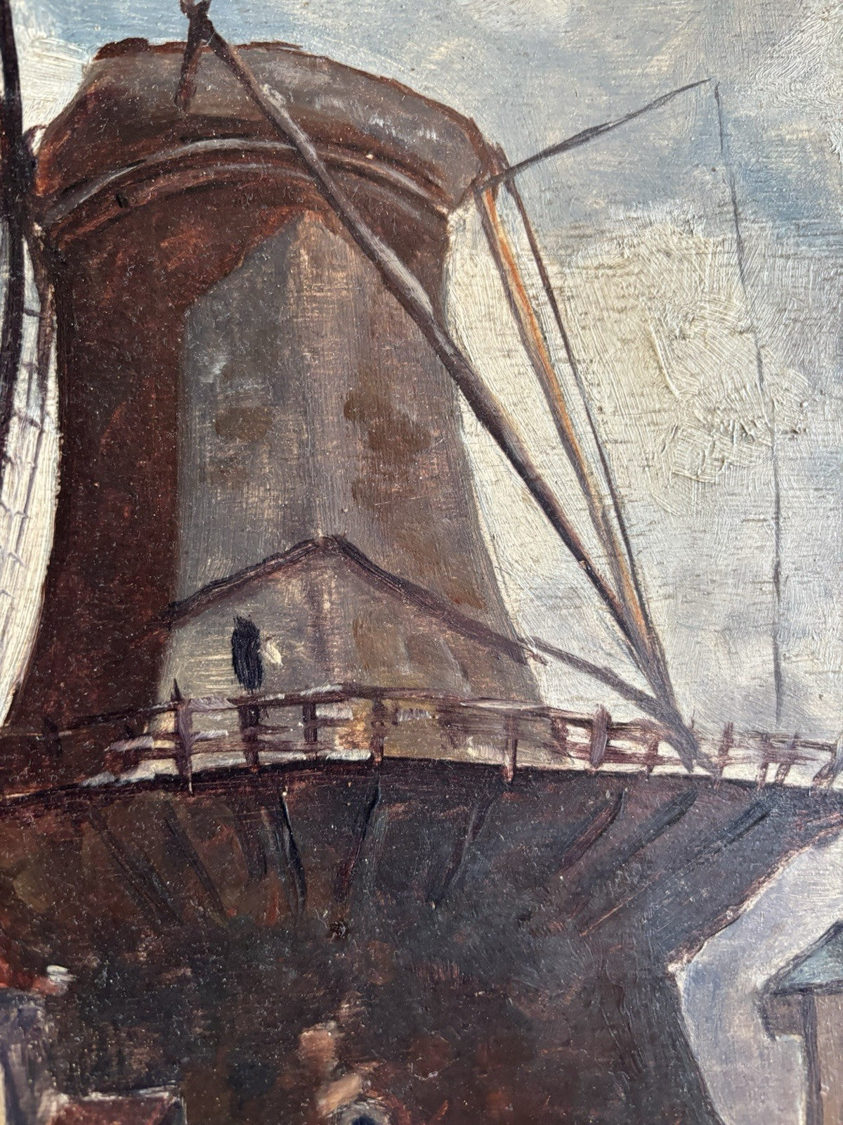 Dutch Antique Oil Painting Windmill Landscape Scene with Farmhouses Framed