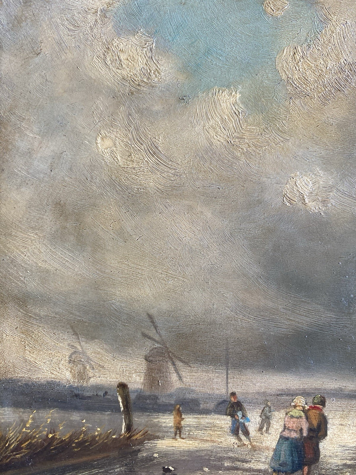 Dutch Artwork  Ice Skaters on Lake Cloudy Winter Landscape Windmill T.E DE BOCK