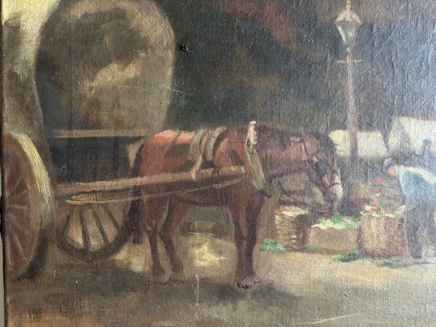 Old Ca. 1920 Dutch Oil Painting Cityscape Market Square Figures Architecture