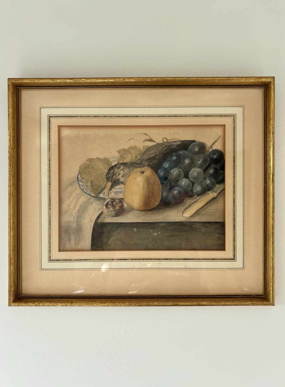 “FRUIT AND GRAPES” Vintage Hand-Painted Still Life Framed Art Drawing Art