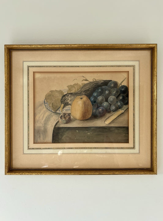 “FRUIT AND GRAPES” Vintage Hand-Painted Still Life Framed Art Drawing Art