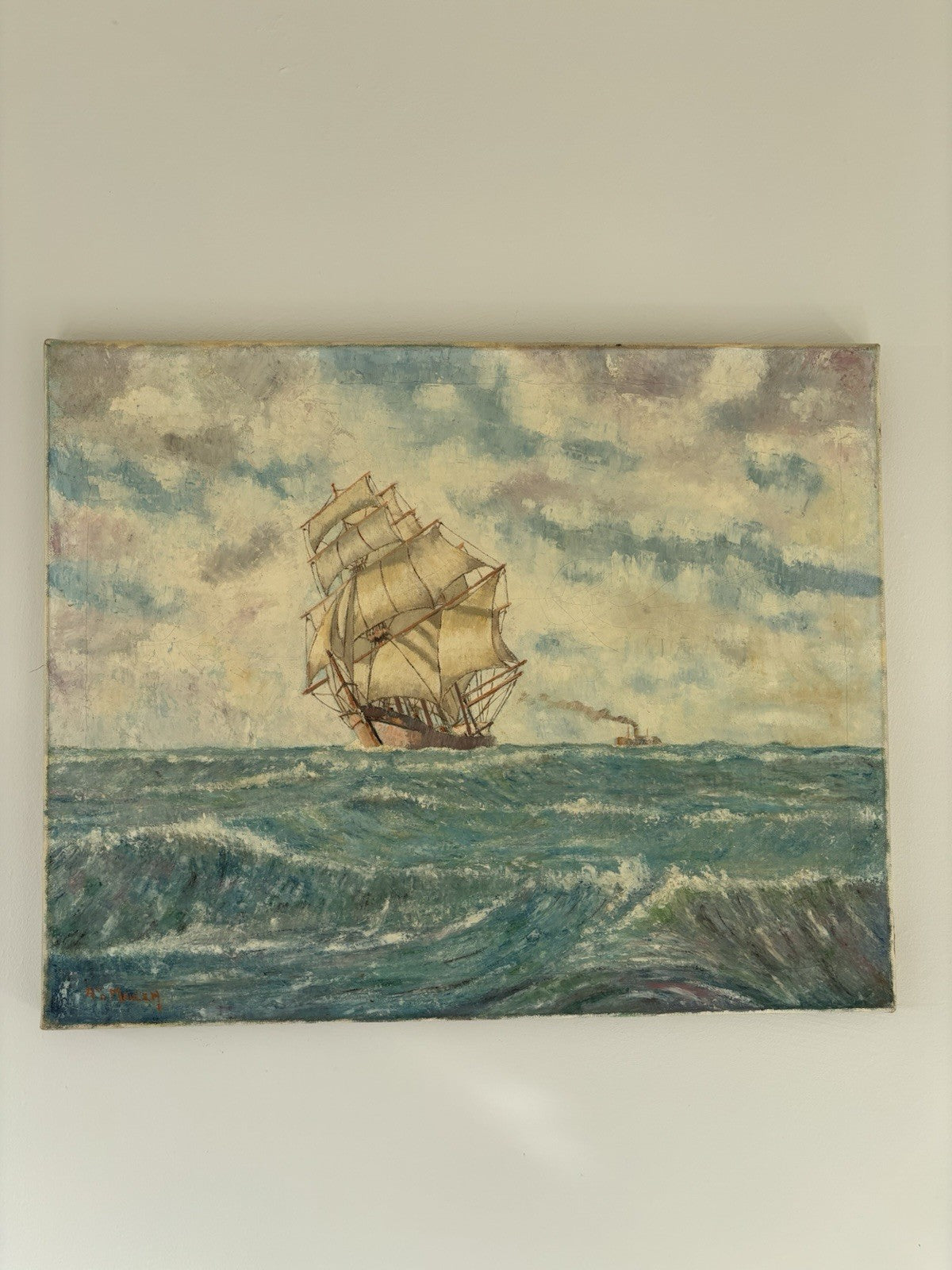 “SAILING THE WAVES” Vintage Oil Painting Seascape Ship Ocean Artwork