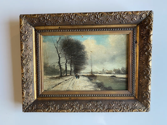 Classic Original Early 20th Century Dutch Winter Landscape Oil Painting Framed