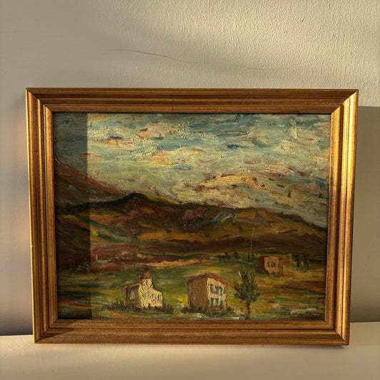 Classic Vintage “HILLSIDE VILLAGE” Original Oil Painting Rustic Landscape