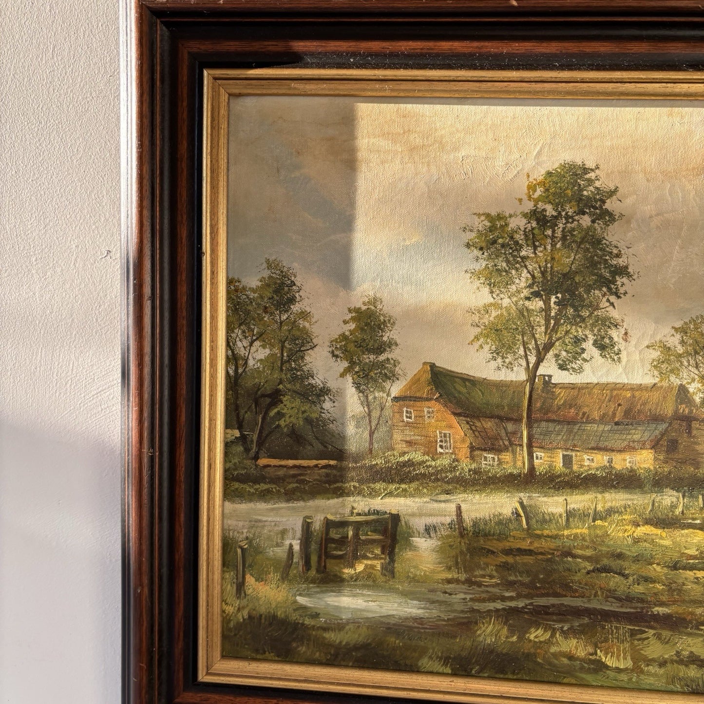 "Meadow Farmhouse" Classic Dutch Landscape Original VIntage Oil Painting