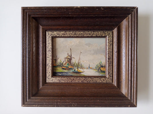 Ca Year 1950 Holland Small Sized Oil Painting Abstract Windmill Sailboats Framed