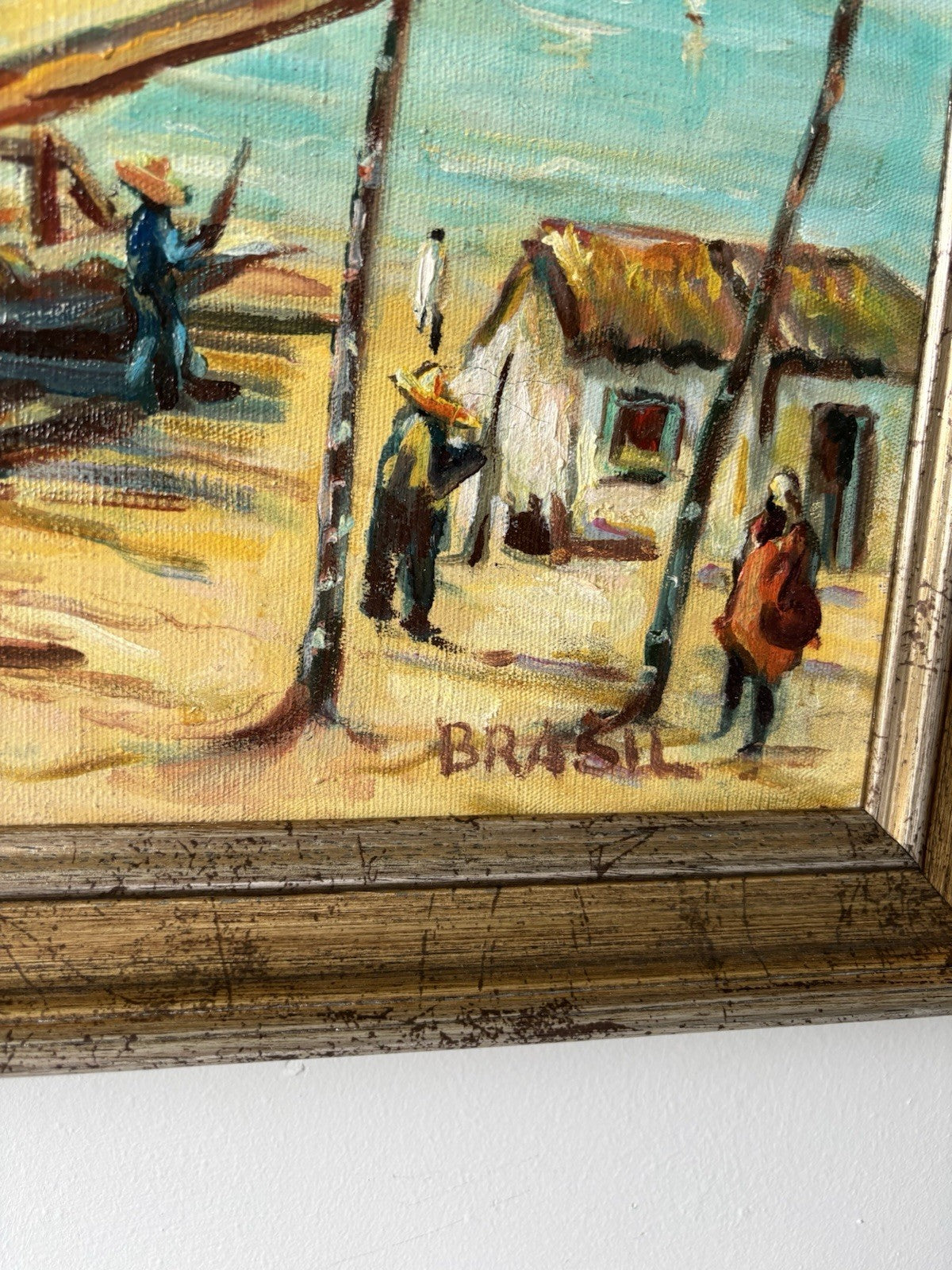 Brazil Art “SAILBOATS TROPICAL SEASIDE” Oil Painting Coastal Figures Palm Tree