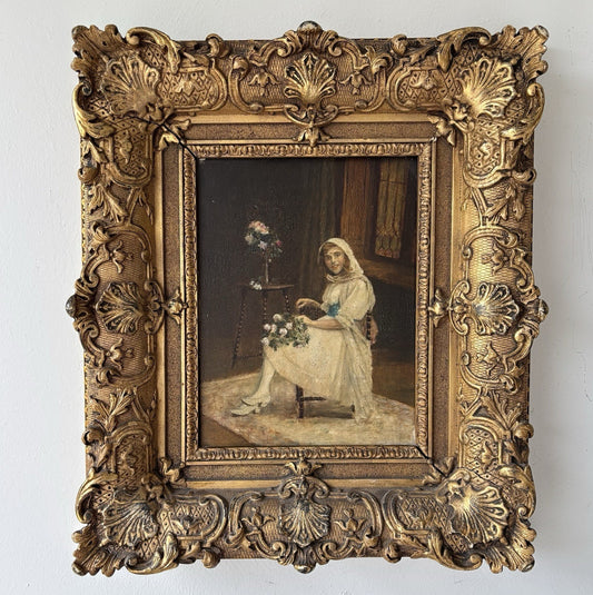 19th Century “LADY WITH FLOWERS” Antique Oil Painting Romantic Portraiture Women