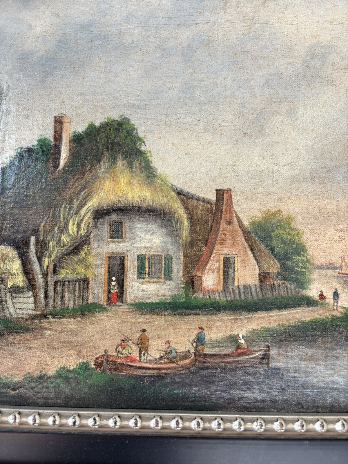 Dutch Harbor Scene Antique Oil Painting  Landscape River Boats 19th Century