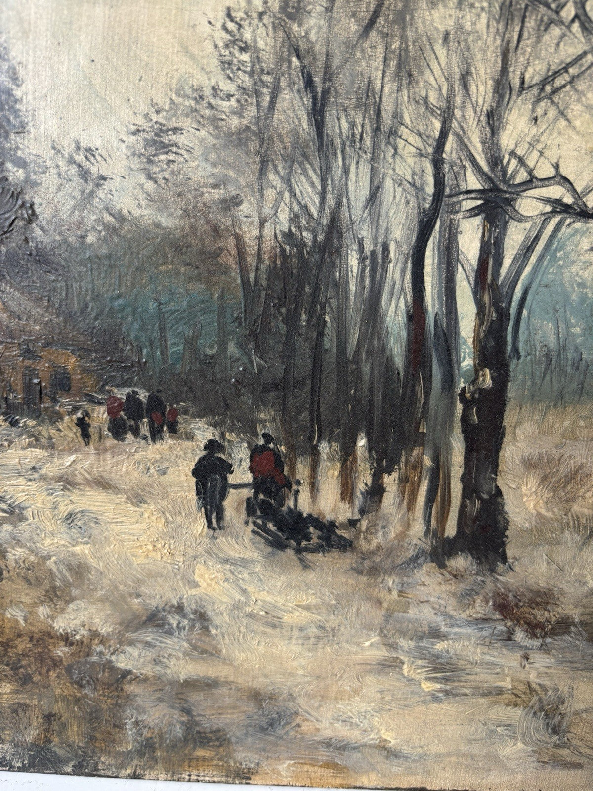 Antique “WINTER PATH THROUGH THE TREES” Oil Painting – 19th Century Dutch