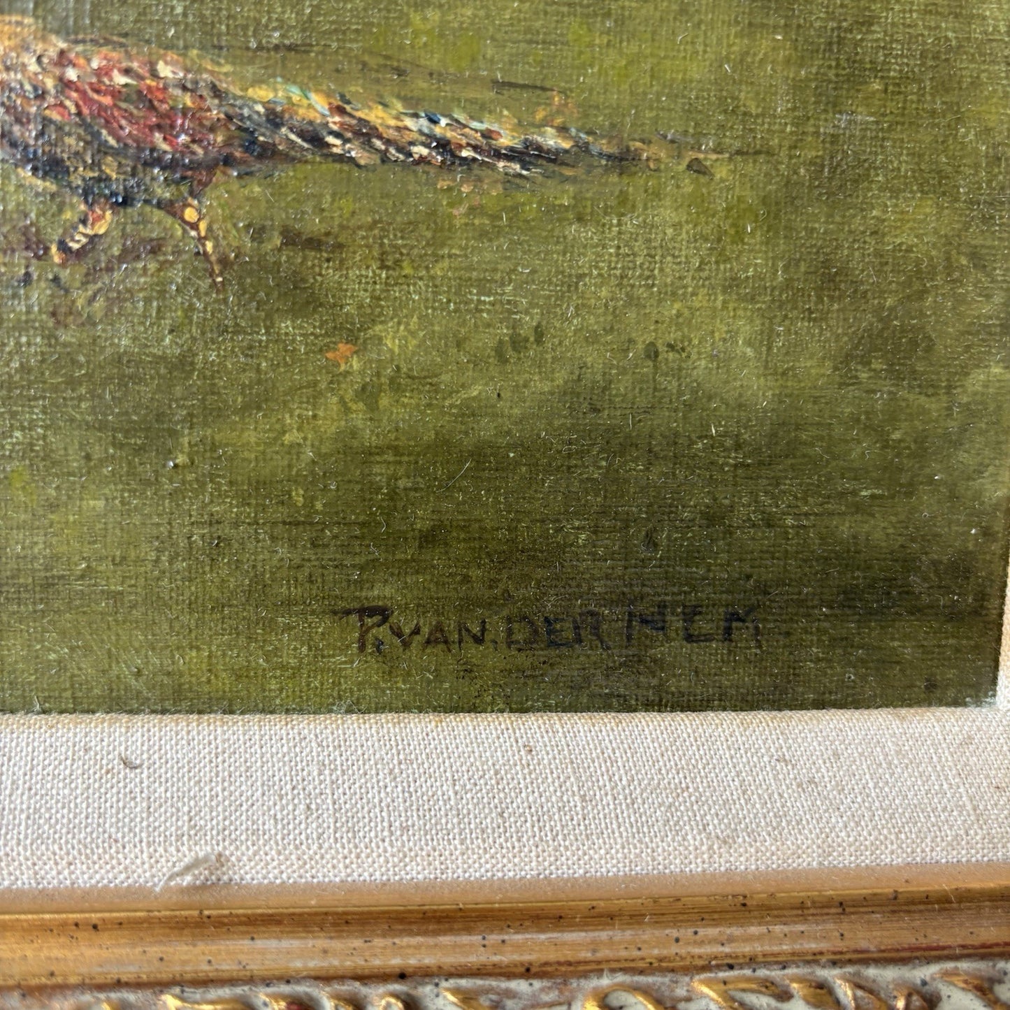 “Forest Stream with Pheansants” – Vintage Woodland Landscape – Framed Painting