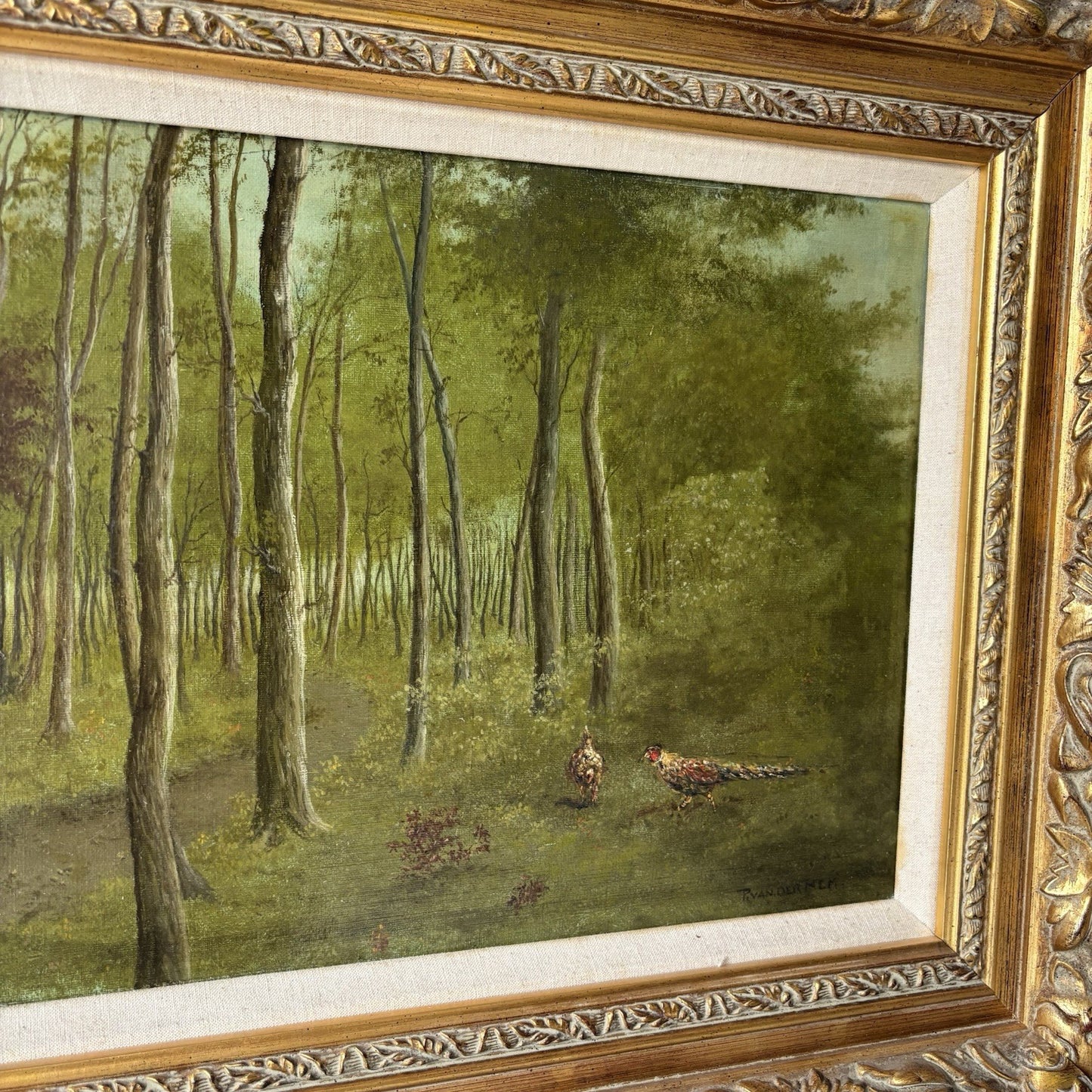“Forest Stream with Pheansants” – Vintage Woodland Landscape – Framed Painting