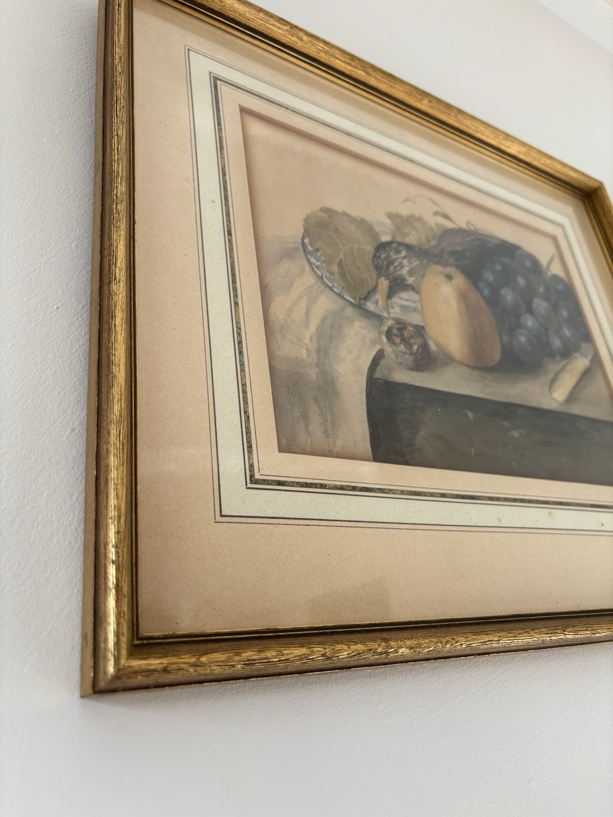 “FRUIT AND GRAPES” Vintage Hand-Painted Still Life Framed Art Drawing Art