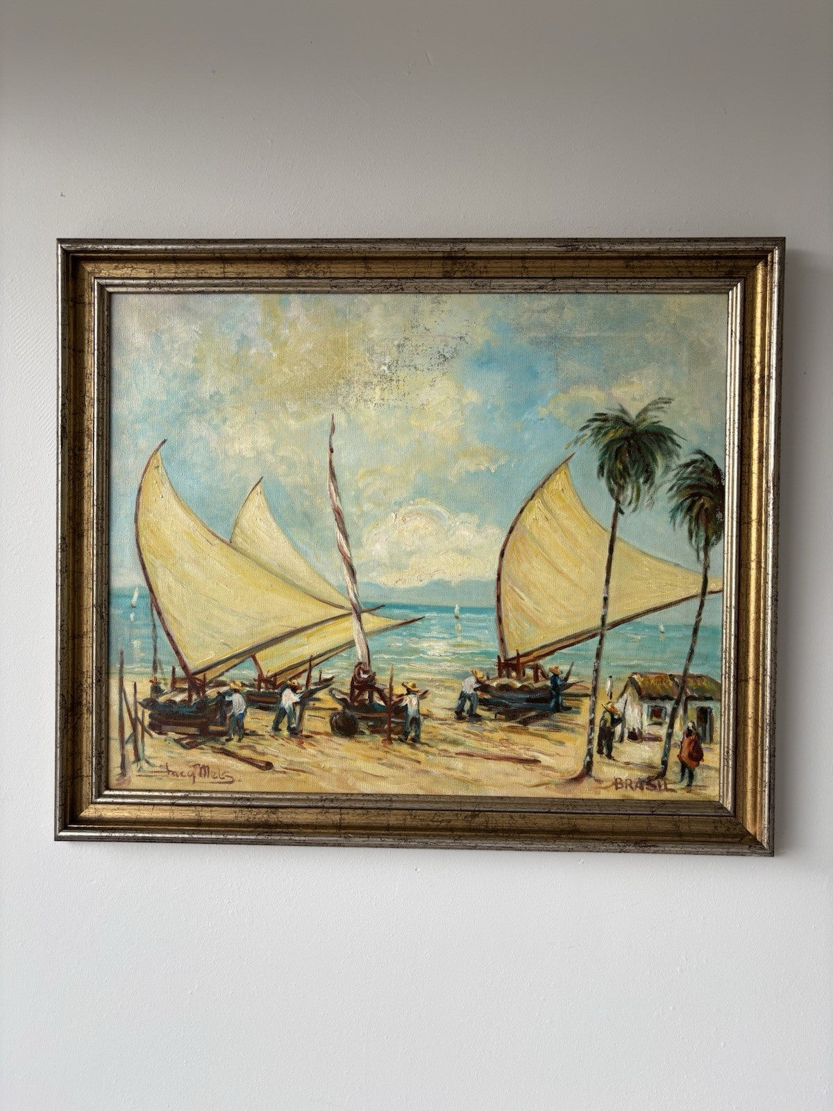 Brazil Art “SAILBOATS TROPICAL SEASIDE” Oil Painting Coastal Figures Palm Tree